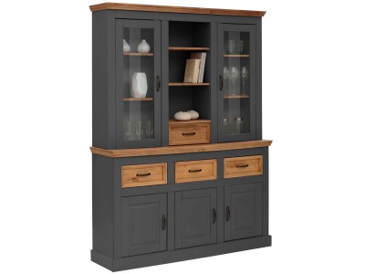 Balcão 3 portas e 3 gavetas com oratória com 1 gaveta 2 portas de vidro e 3 nichos e acabamento cinza grafite e cera| Coleção England